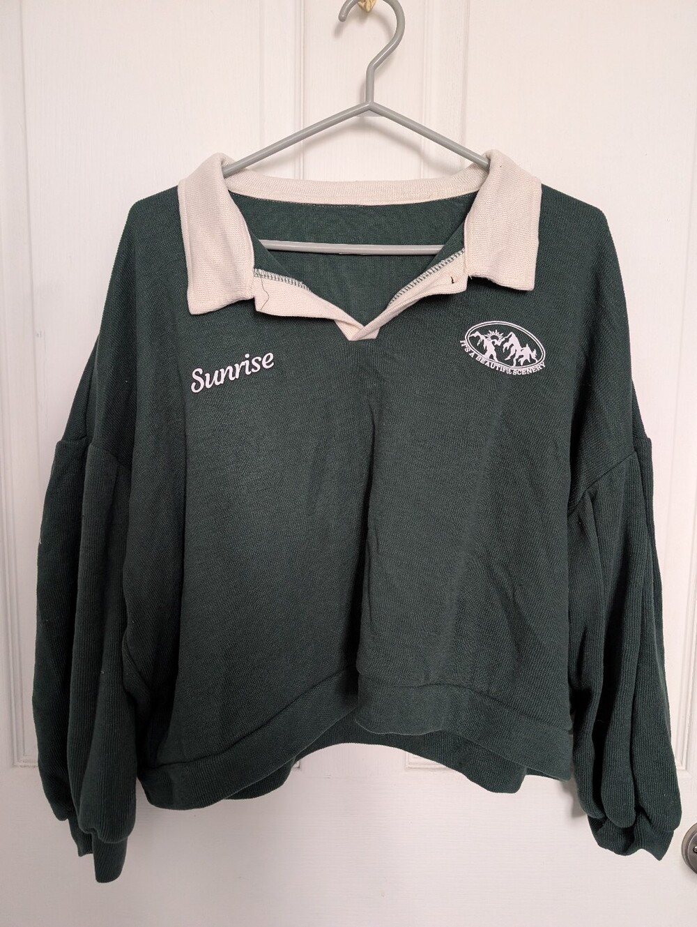 Dark Green Collared Sweatshirt with Cream Collar
